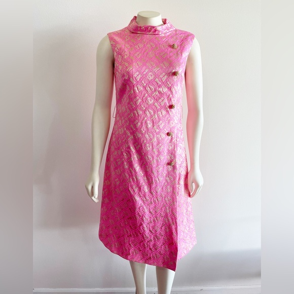 Richard Kaplan 1960s Pink Gold Metallic Thread Belted Vintage Shift Dress - Picture 10 of 16